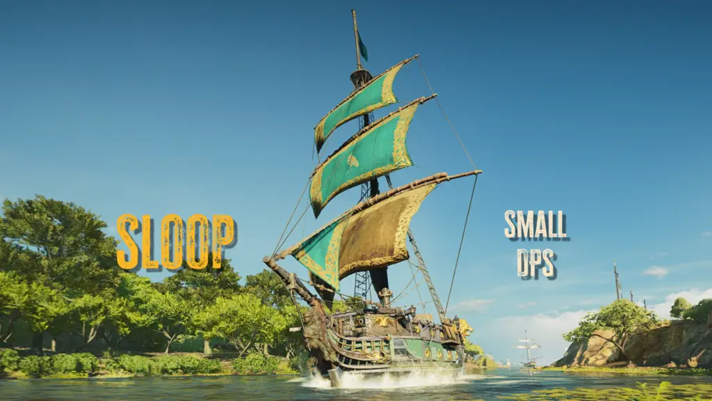 A picture of a Sloop, with square rigging. The words Sloop, Small Ship and DPS are written on the image.